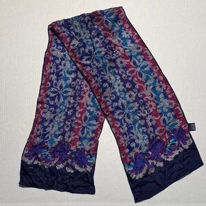 VINTAGE Honey 100% Silk Floral Lace Patterned Scarf Navy Purple Magenta 50"x 10"